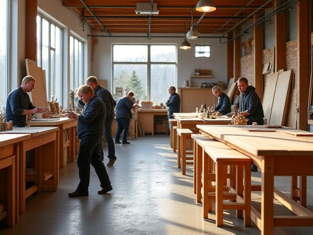 Et travelt møbelverksted med håndverkere som jobber